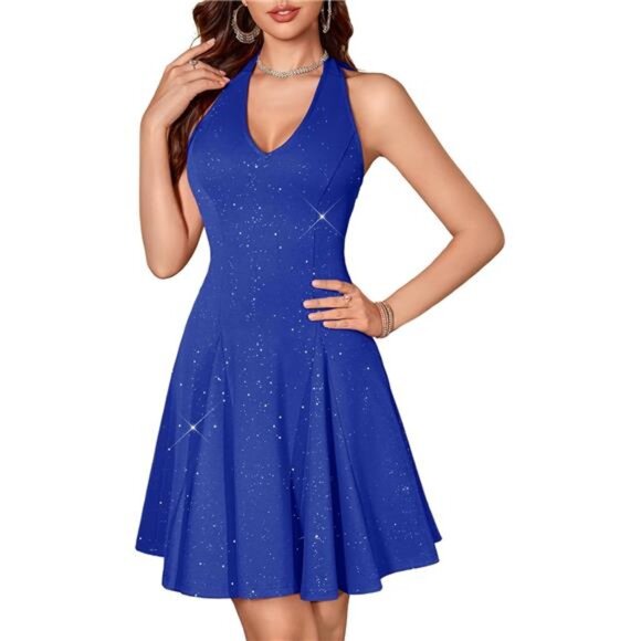 Glitter Sparkle V Neck Cocktail Dress for Women Blue - Picture 1 of 6